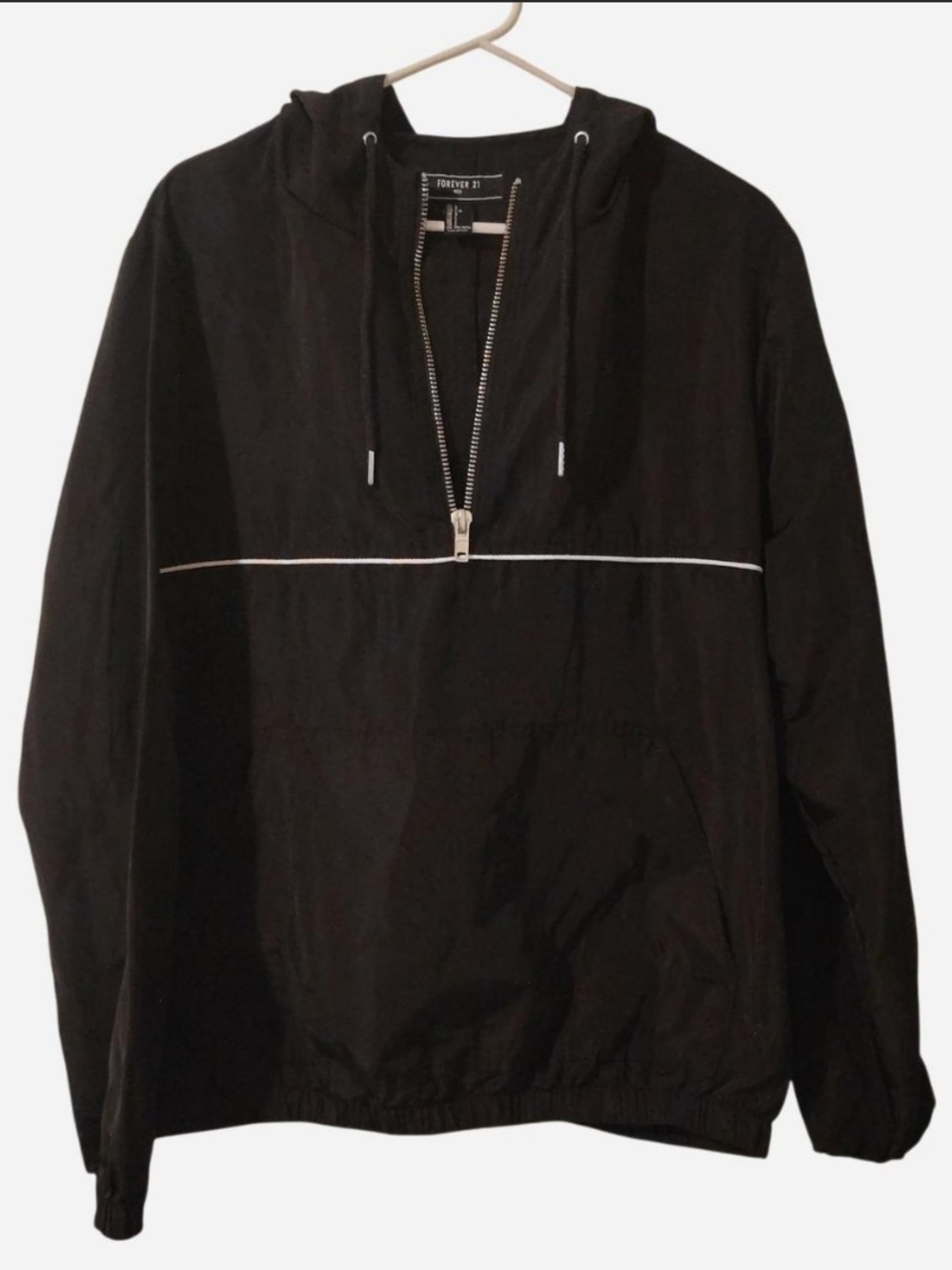 Forever 21 Black Hooded Half-Zip Windbreaker with White Piping